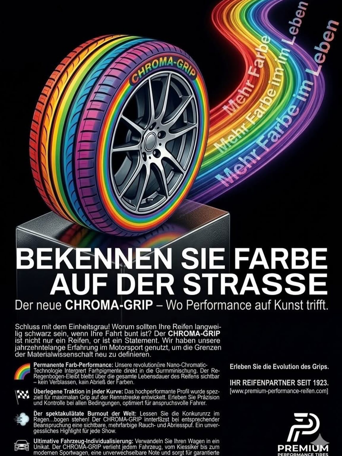 Neu auf dem Markt!

BEKENNEN SIE FARBE AUF DER STRASSE!
Der neue CHROMA-GRIP – Wo Performance auf Kunst trifft.

Schluss mit dem Einheitsgrau! Warum sollten Ihre Reifen langweilig schwarz sein, wenn Ihre Fahrt bunt ist? Der CHROMA-GRIP ist nicht nur ein Reifen, er ist ein Statement. Wir haben unsere jahrzehnte-lange Erfahrung im Motorsport genutzt, um die Grenzen der Materialwissenschaft neu zu definieren.

Ihre Vorteile auf einen Blick:

 🌈 Permanente Farb-Performance: Unsere revolutionäre Nano-Chromatic-Technologie integriert Farbpigmente direkt in die Gummimischung. Der Regenbogen-Effekt bleibt über die gesamte Lebensdauer des Reifens sichtbar – kein Verblassen, kein Abrieb der Farben.

 🏁 Überlegene Traktion in jeder Kurve: Das hochperformante Profil wurde speziell für maximalen Grip auf der Straße entwickelt. Erleben Sie Präzision und Kontrolle bei allen Bedingungen, optimiert für anspruchsvolle Fahrer.

 💨 Der spektakulärste Burnout der Welt: Lassen Sie die Konkurrenz im Regen...bogen stehen! Der CHROMA-GRIP hinterlässt bei entsprechender Beanspruchung eine sichtbare, mehrfarbige Rauch- und Abriebspur. Ein unvergessliches Highlight für jede Show.

 🚗 Ultimative Fahrzeug-Individualisierung: Verwandeln Sie Ihren Wagen in ein Unikat. Der CHROMA-GRIP verleiht jedem Fahrzeug, vom Klassiker bis zum modernen Sportwagen, eine unverwechselbare Note und sorgt für garantierte Aufmerksamkeit.

Erleben Sie die Evolution des Grips.
IHR REIFENPARTNER SEIT 1923.
www.premium-performance-
(Hinweis: Der CHROMA-GRIP ist ein Performance-Produkt. Bitte beachten Sie die lokalen Vorschriften bezüglich Straßenzulassung und Burnouts. Alle Darstellungen sind zu Demonstrationszwecken.)

#regenbogen #reifen #april #tuning @tuning_by_gmg
